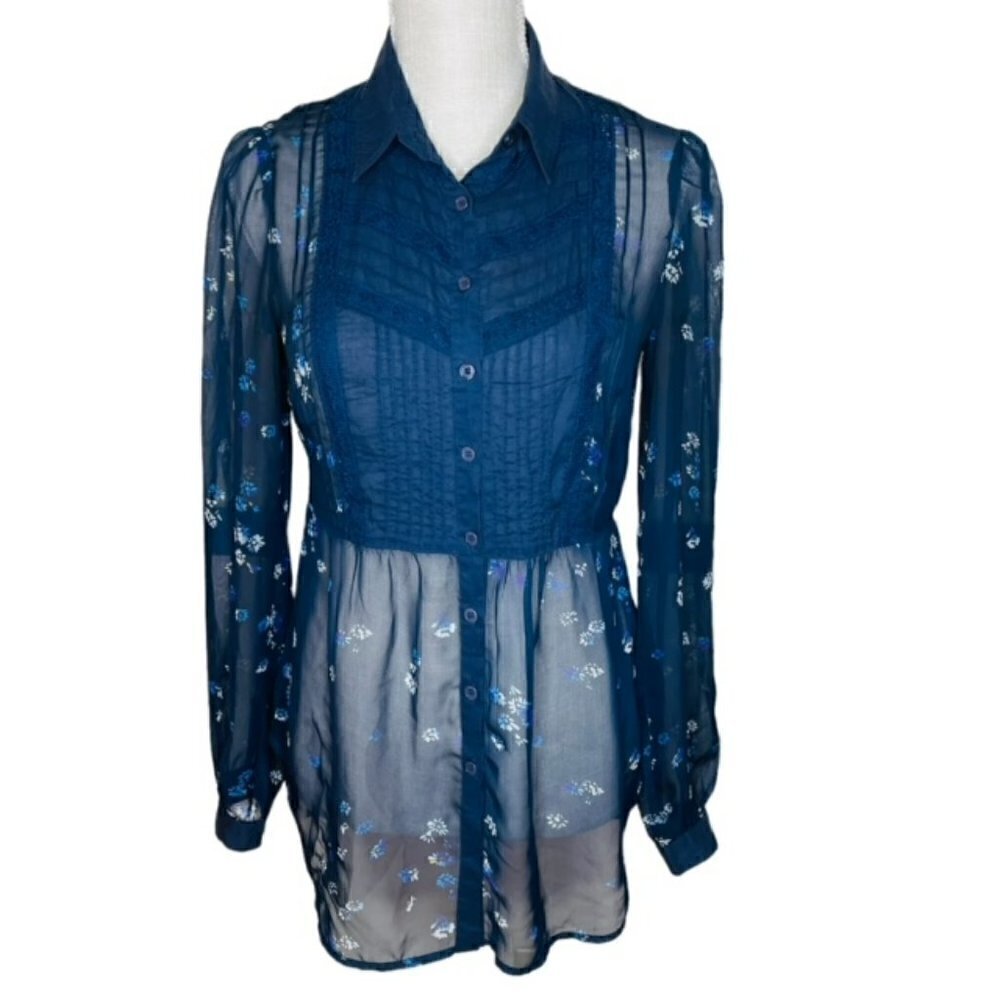 FREE PEOPLE Navy Blue Sheer Pintuck Floral Tunic Blouse - Size XS/Small